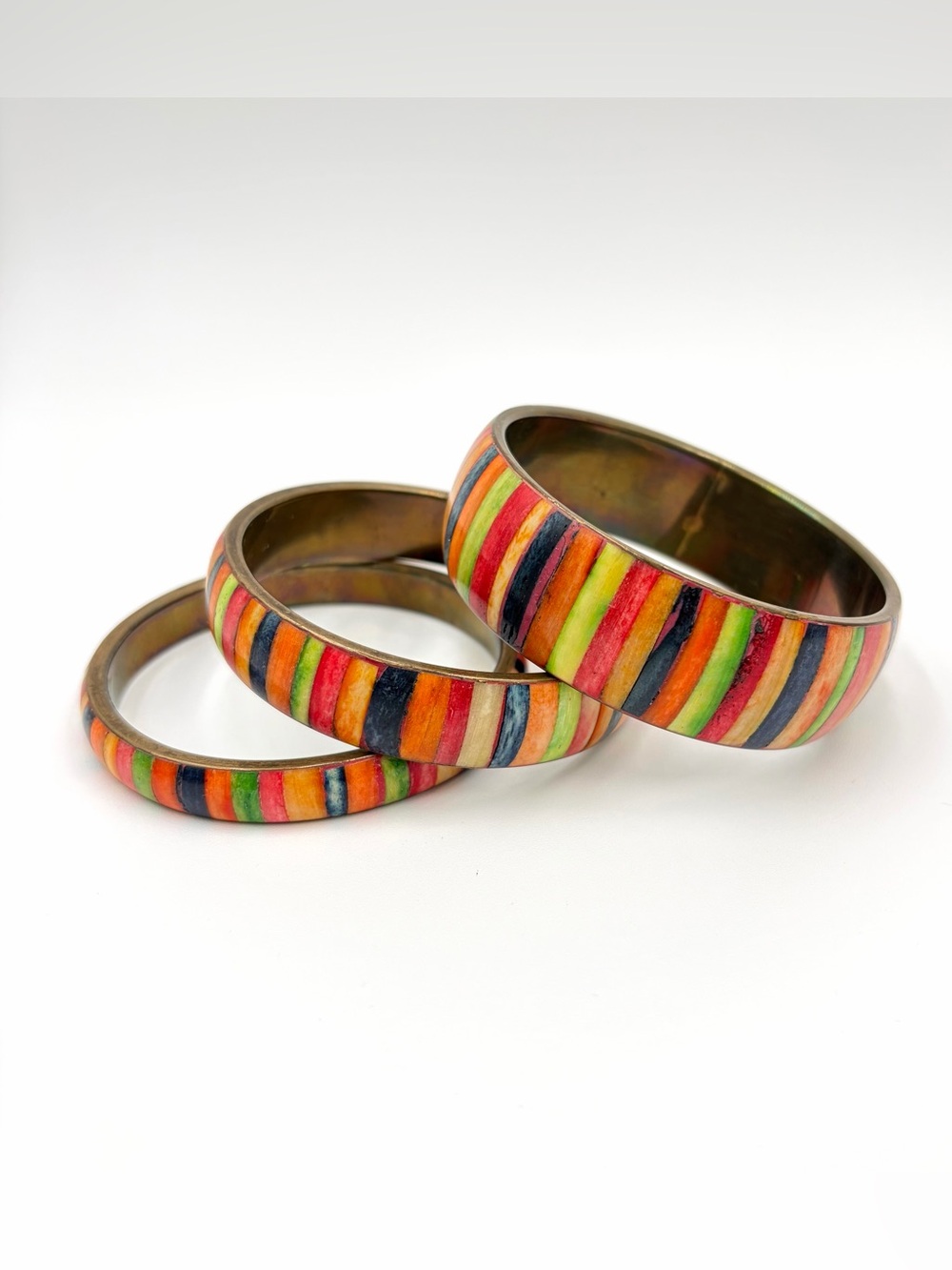 Set of 3 Vintage Multicolor Rainbow Boho Brass Bangle Bracelets